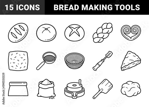 Artisanal bakery and sourdough bread making process elements. Minimalist monoline illustrations featuring flour milling, dough preparation, and traditional loaves.