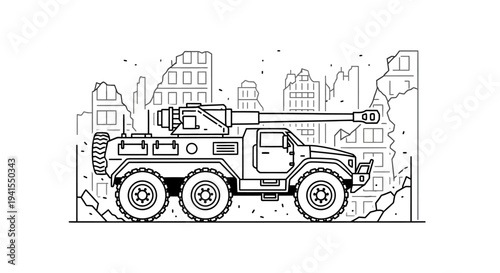 Armored Vehicle in Ruined Cityscape, Military Technology, Combat Scene