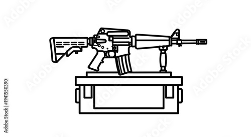 Assault Rifle Displayed on Stand, Outline Illustration