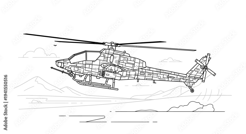 Fototapeta premium Attack Helicopter in Flight Over Mountainous Landscape