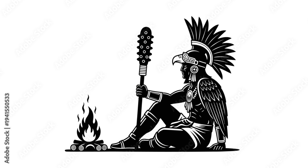 Fototapeta premium Aztec Warrior Sitting by Campfire with Macuahuitl and Feathered Headdress