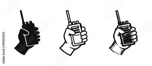 Hand holding walkie talkie icon set. Two-way radio communication device symbol in different styles.