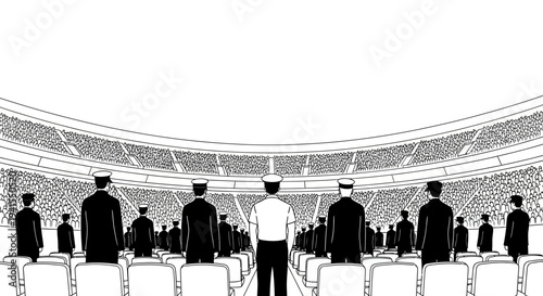 Audience watching a show on stadium, people in uniform, black and white