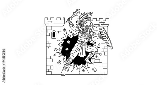 Aztec Warrior Breaks Through Castle Wall with Mace and Shield