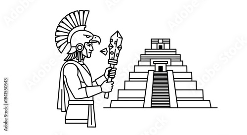 Aztec Warrior with Mace and Pyramid, Ancient Mesoamerican Civilization