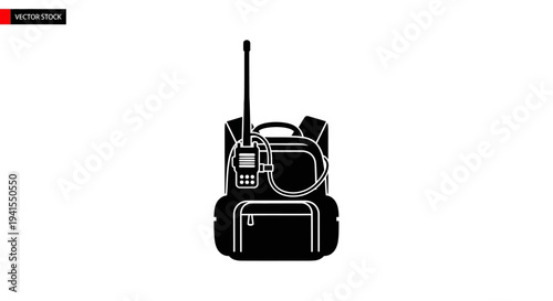 Black icon of a backpack with a walkie-talkie attached, representing communication and travel
