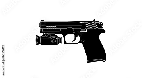 Black silhouette of a handgun with a tactical flashlight attachment on a white background.
