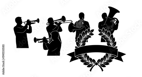 Brass Band Silhouette with Laurel Wreath and Banner
