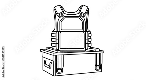 Bulletproof Vest and Ammo Box Line Art Illustration