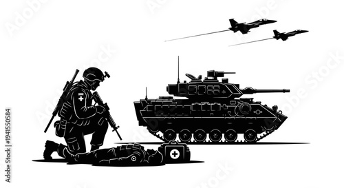 Combat Medic, Tank, and Fighter Jets - Military Action Scene