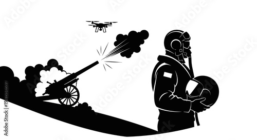Drone observes cannon firing, pilot with helmet, military technology evolution