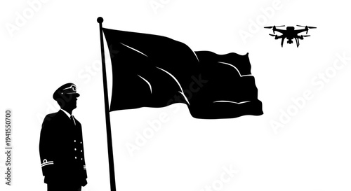 Man in uniform and drone near flag, symbolizing surveillance and modern military.