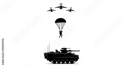 Military Airborne Assault: Paratrooper, Jets, and Armored Vehicle Silhouette