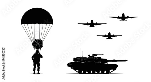 Military Airborne Assault: Paratrooper, Tank, and Airplanes in Silhouette