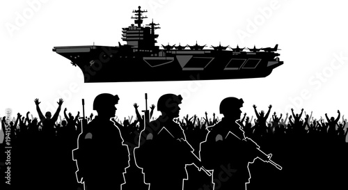 Military Aircraft Carrier and Soldiers Silhouette with Crowd