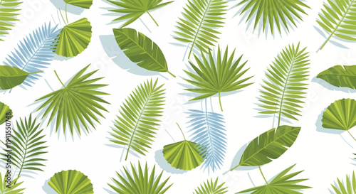 Set of green tropical leaves vector pattern