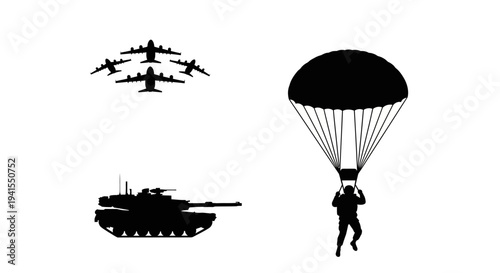 Military Airplanes, Tank, and Paratrooper Silhouette - Airborne Assault Concept