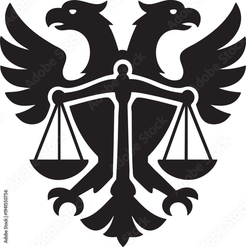 Two eagles holding scales and legal documents symbolizing justice and law