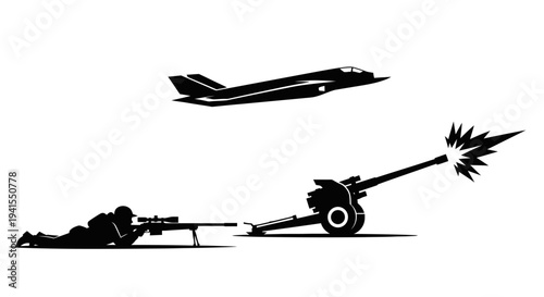 Military Combat Scene: Soldier, Artillery, and Jet Fighter in Action