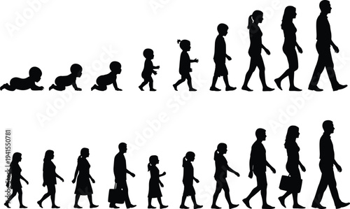 Human life stages silhouette set from baby crawling to adult walking illustrating growth, aging process, and family generation concept