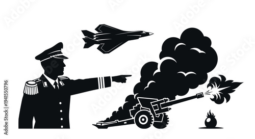 Military Commander Directs Jet and Artillery Fire in Combat Scene