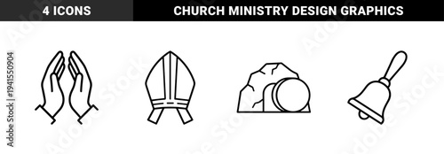 Religious tradition and Christian liturgy symbols for spiritual education. Minimalist monoline pictograms featuring prayer hands, bishop mitre, empty tomb, and church bell.