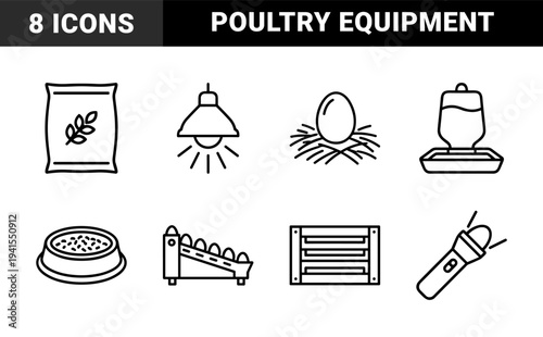 Poultry farming and avian incubation equipment in a bold monoline aesthetic. Technical pictograms for egg production, temperature monitoring, and livestock care.
