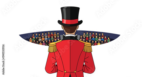 An illustrated ringmaster in a red uniform and top hat stands with his back to the viewer, addressing a large, diverse audience in a semi-circular seating arrangement.
