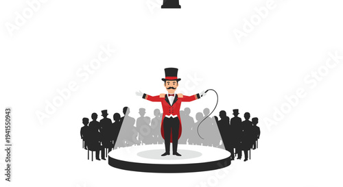 A charismatic circus ringmaster in a red jacket and top hat stands on a spotlighted stage, holding a whip before a silhouetted audience.