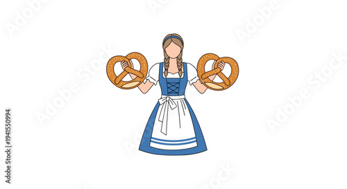 A woman with blonde braided hair, wearing a blue dirndl and white apron, holds two large pretzels against a simple white background.