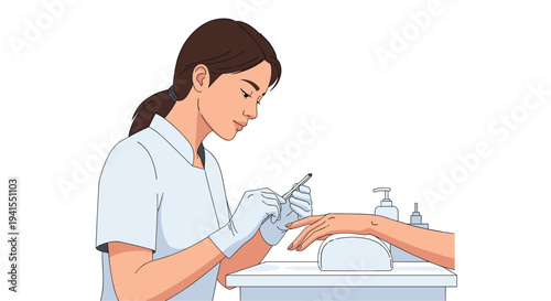 A focused woman in a light blue uniform and white gloves is carefully performing a manicure on a client's hand at a white table with a nail lamp, isolated on a white background.