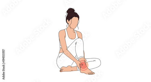 A woman with a bun, dressed in white activewear, sits cross-legged, gently touching her right ankle where a red circle indicates localized pain, isolated on a white background.