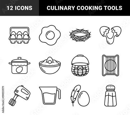 Egg preparation and culinary breakfast cooking elements. Minimalist monoline pictograms featuring baking tools, poultry products, and kitchenware essentials.