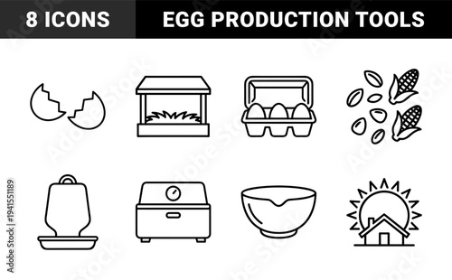 Poultry farming and egg production equipment icons. Minimalist monoline pictograms for agricultural business, livestock management, and organic hatchery supply.