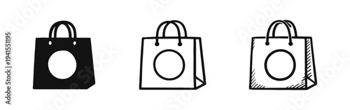 Shopping bag with circle icon set. Retail purchase and consumerism symbol in various styles.
