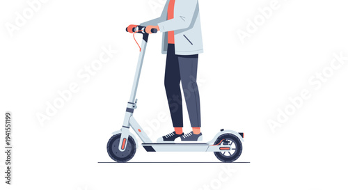 A person in a light jacket and dark pants rides a sleek white electric scooter, depicted in side profile against a clean white background.