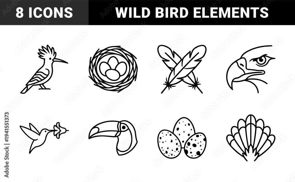 Obraz premium Avian life and ornithology research elements featuring hoopoe, flamingo, and toucan. Technical monoline bird species and nesting symbols for nature education.
