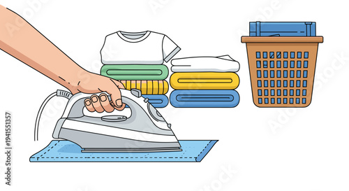 A human hand holds a silver iron, pressing it onto a blue cloth, with neatly folded stacks of colorful clothes and a brown laundry basket visible in the background on a white surface.