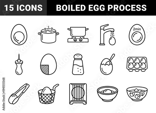 Hard and soft boiled egg preparation steps in a technical monoline style. Culinary process pictograms for cooking guides and recipe instructions.