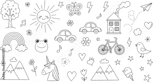 Whimsical illustrations of nature and daily life elements in a playful doodle art style