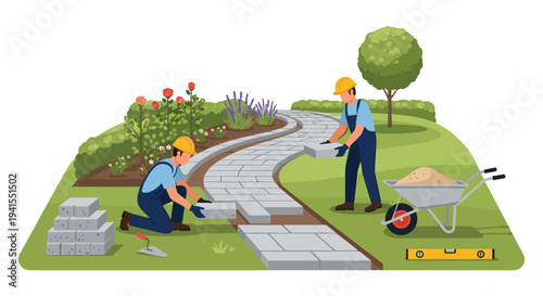 Two male construction workers are actively laying a curved grey paved path within a beautifully landscaped garden featuring flowers and bushes.