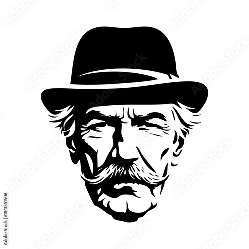 Logo moda de caballero. Dibujo de un hombre anciano con bigote y sombrero retro
