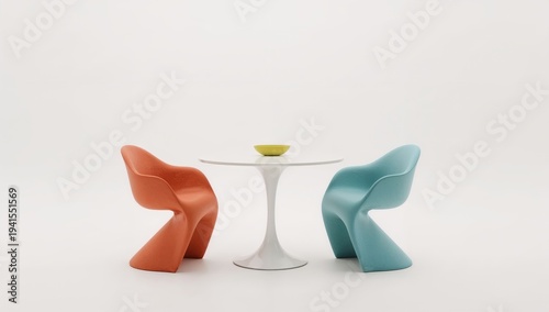 Modern minimalist dining set with orange and blue chairs, white round table, and yellow bowl on white background