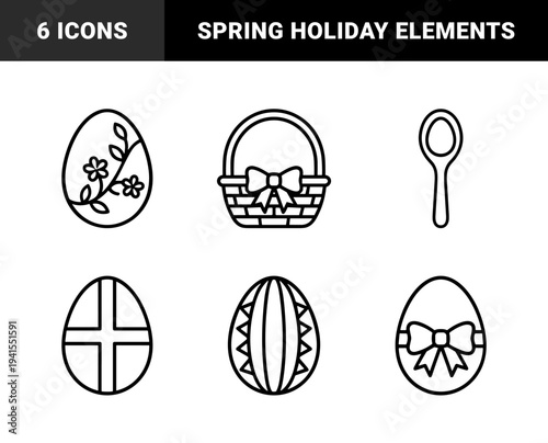 Easter celebration and spring holiday decorative elements. Bold monoline linear graphics featuring traditional basket, egg dipper, and patterned eggs.