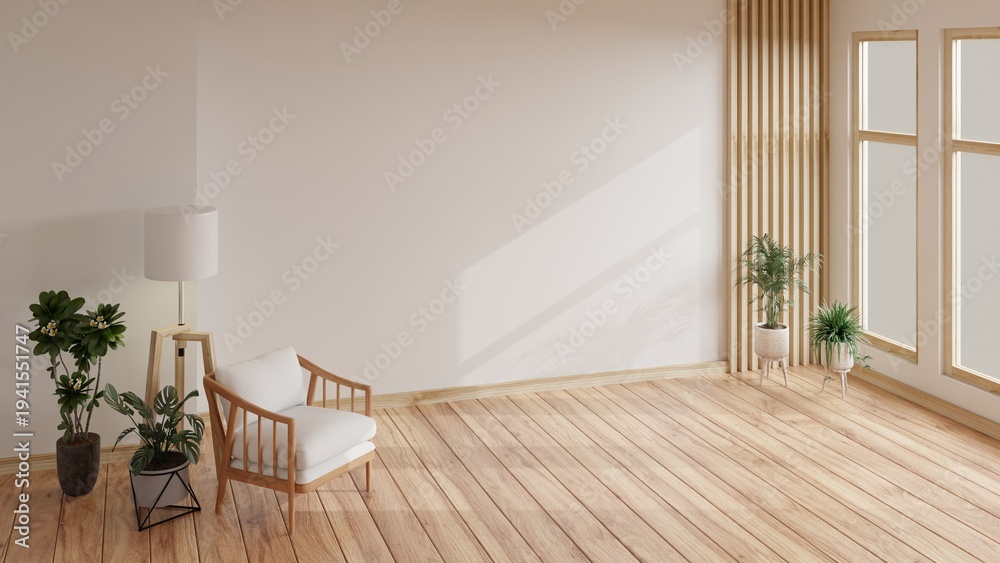 Fototapeta premium Minimal Scandinavian Living Room Interior with Large Blank Wall and Natural Light.3d rendering.