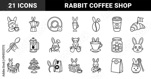 Rabbit themed coffee shop and bakery branding elements. Whimsical bold line art featuring bunny baristas, pastries, and cafe culture graphics.