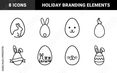 Easter holiday branding elements featuring minimalist monoline bunny and egg graphics. Clean line art silhouettes for seasonal greeting cards and festive marketing.