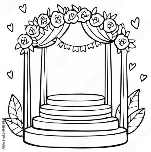 Black and white illustration of a wedding arch and stage decorated with floral arrangements and banners