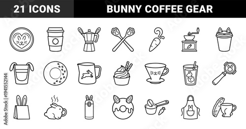 Rabbit themed cafe and coffee brewing equipment line art featuring bunny shaped cups, moka pot, grinder, and barista accessories in a playful monoline aesthetic.