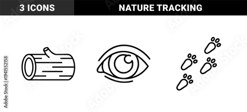 Outdoor exploration and nature tracking elements in monoline style featuring human eye wooden log and animal paw prints for wilderness guides.